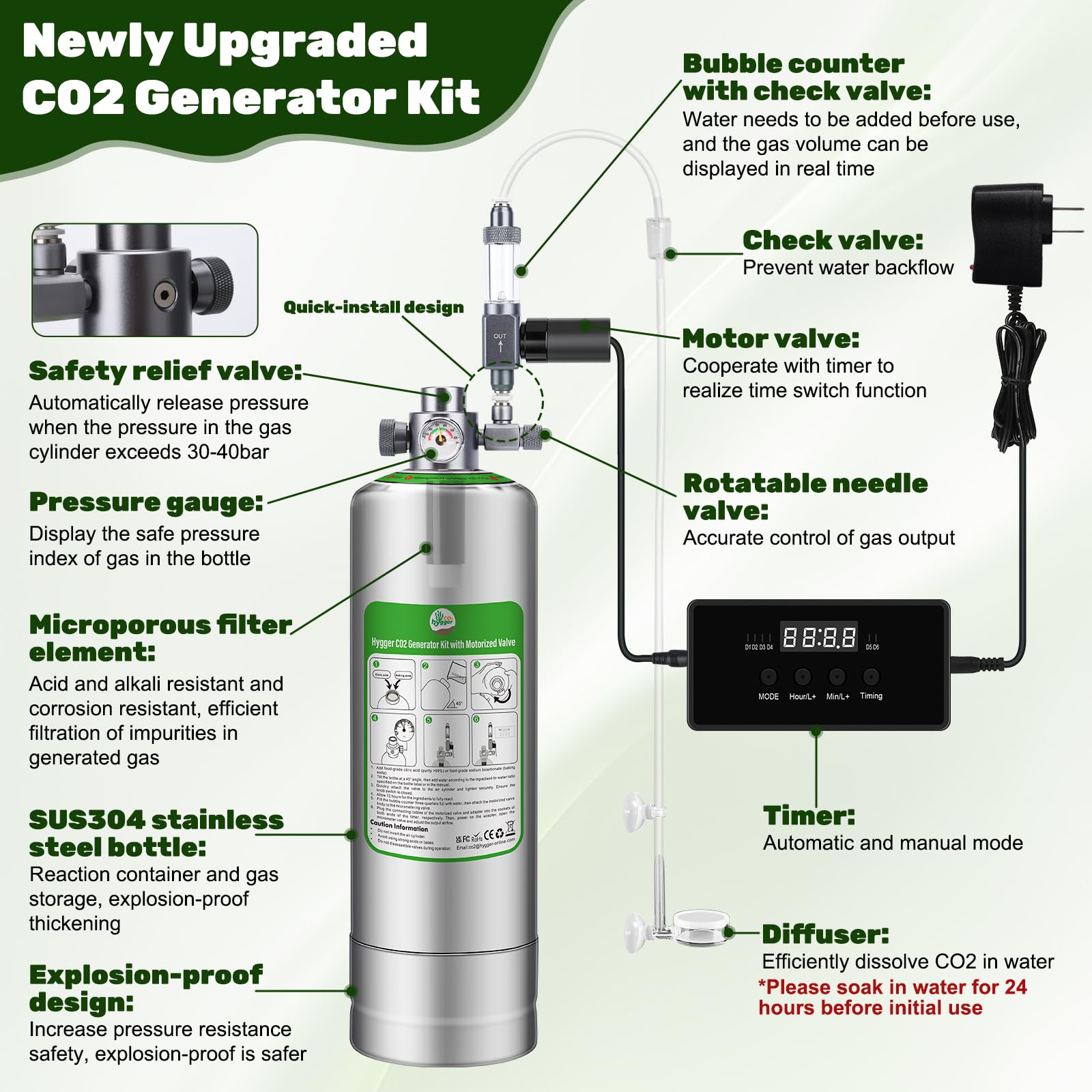 5L Aquarium CO2 Generator System with Timer-Enabled Motor Valve